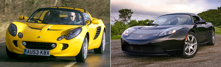 Lotus Elise (на фото слева) и построенный на его основе Tesla Roadster — братья, но не близнецы. Картинка