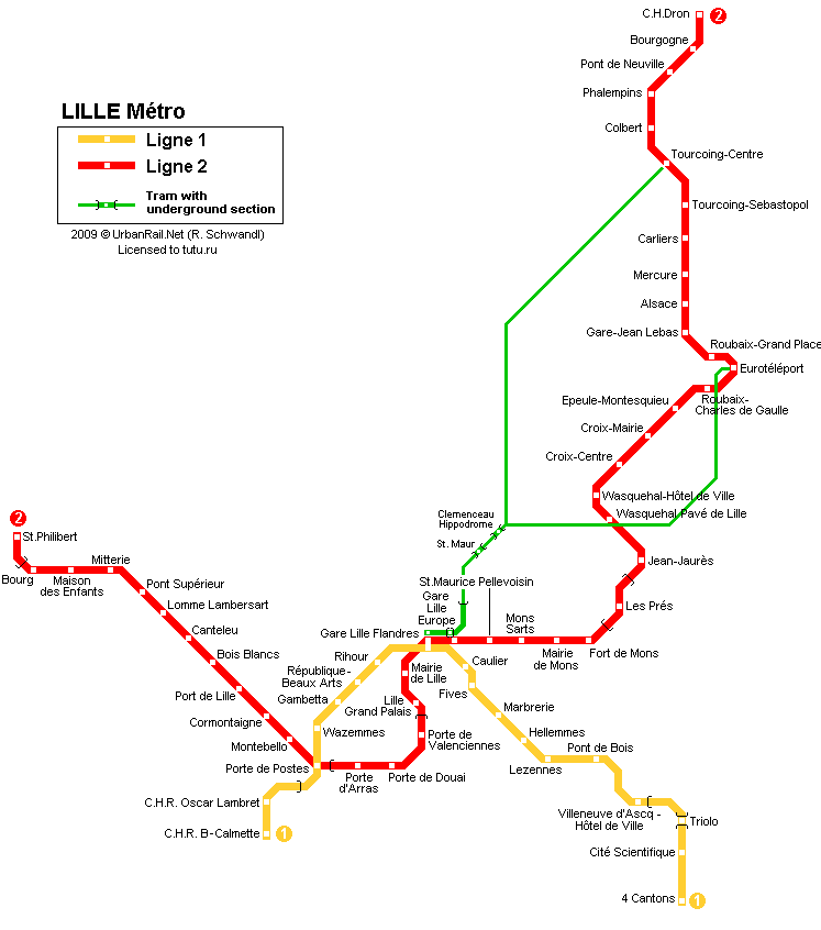 Схема метро в Лилле. Lille metro map