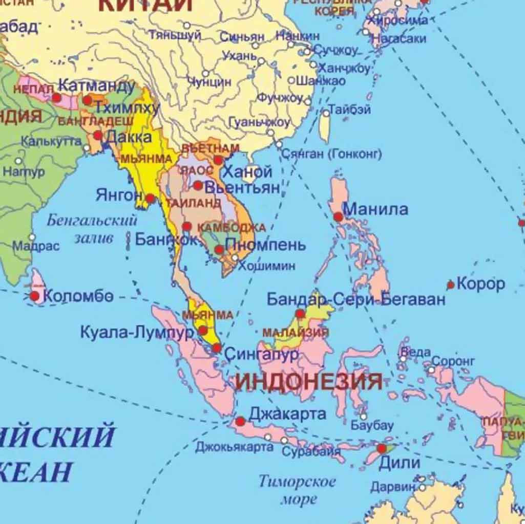 Карта Индокитая. Столицы государств в Индокитае. фото 