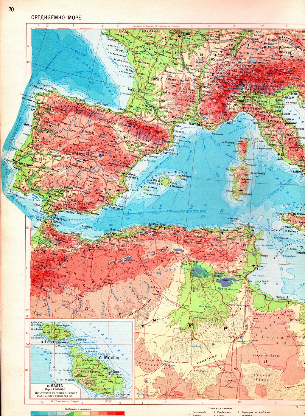 Карта средиземного моря. Западная часть моря. Алжир, Испания, Юг Франции, Португалия, Италия. Средиземноморские страны.  фото 