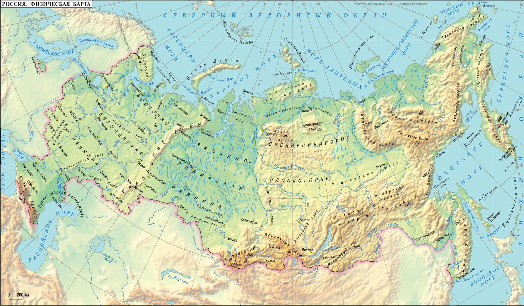 Карта России и Белоруссии. Физическая карта России