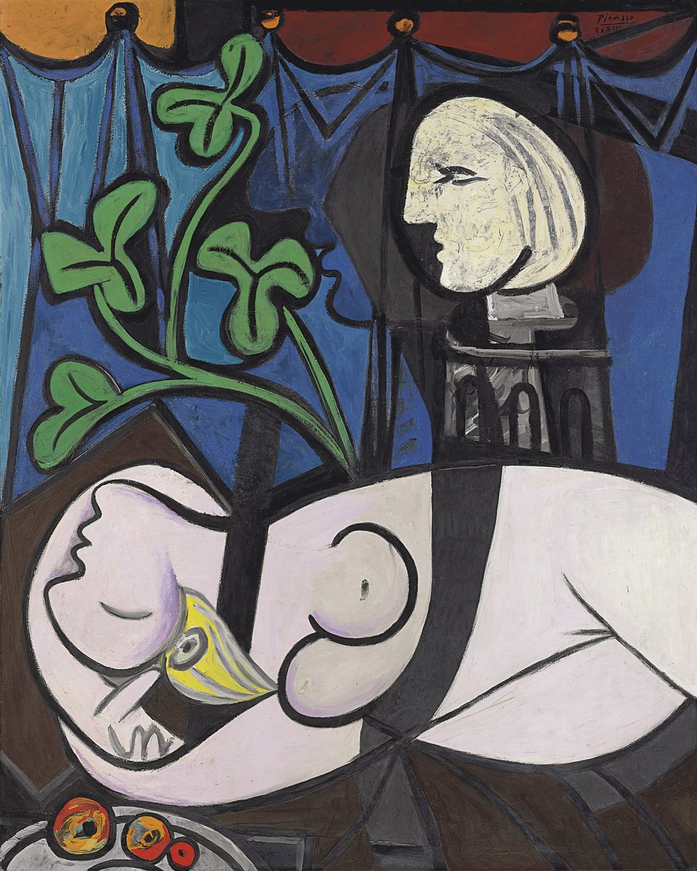Пабло Пикассо. Обнаженная на фоне бюста и зеленых листьев. Фотография. Картинка. Самая дорогая картина . Фото
