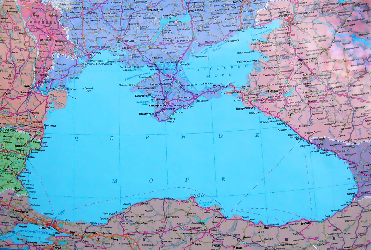 Карта Черного моря. Где находится Черное море Полуостров Крым и Азовскоеморе, Показать карту. Турецкое побережье Черного моря. Скачать картуЧерного моря. Портовые города на Черном море. Фотография. Картинка.Курортные города на