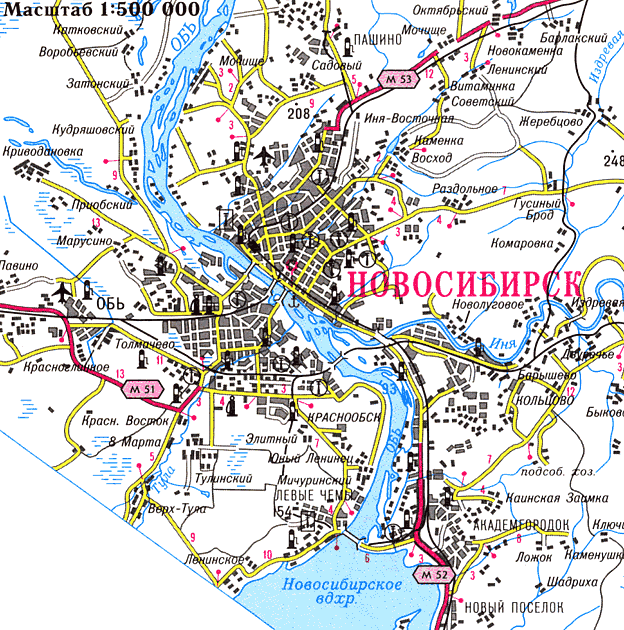 Карта окрестностей Новосибирска.  Города Сибири.