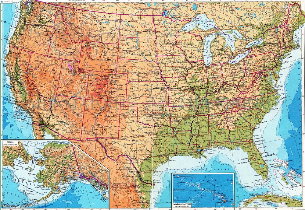 Карта США. Физическая карта Соединенных Штатов Америкиа